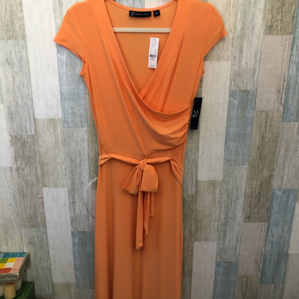 NEW YORK & CO Maxi Dress Women’s XS Wrap Bodice Orange Jersey - NWT's